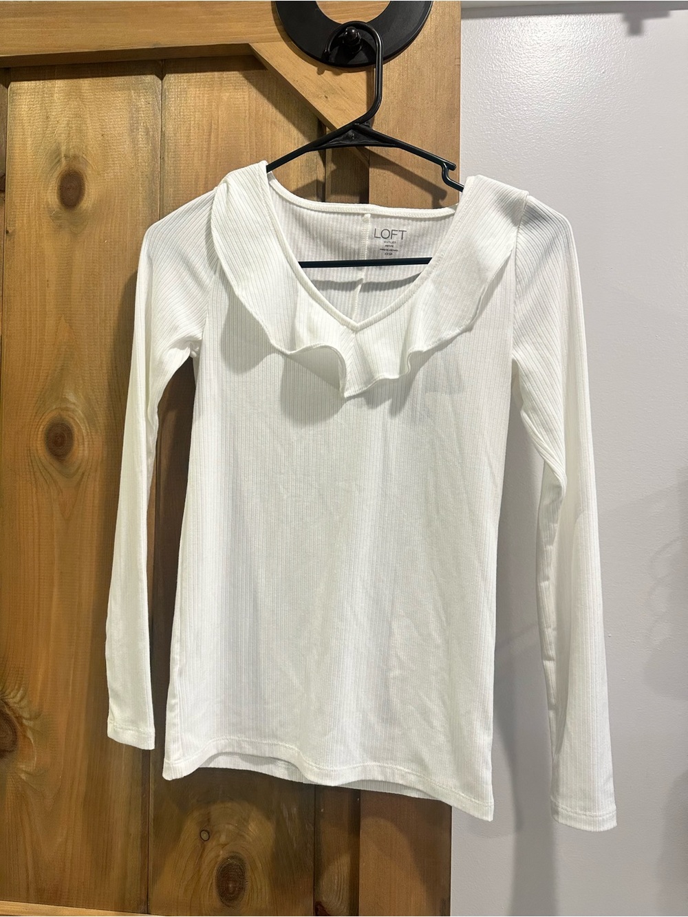 LOFT White Ribbed Long-Sleeve Top with Ruffle V-Neck